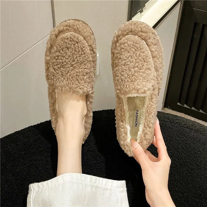 Gracie | Women's Teddy Fleece Slip-On Loafer Slippers – Plush Lining, Rubber Sole – Camel