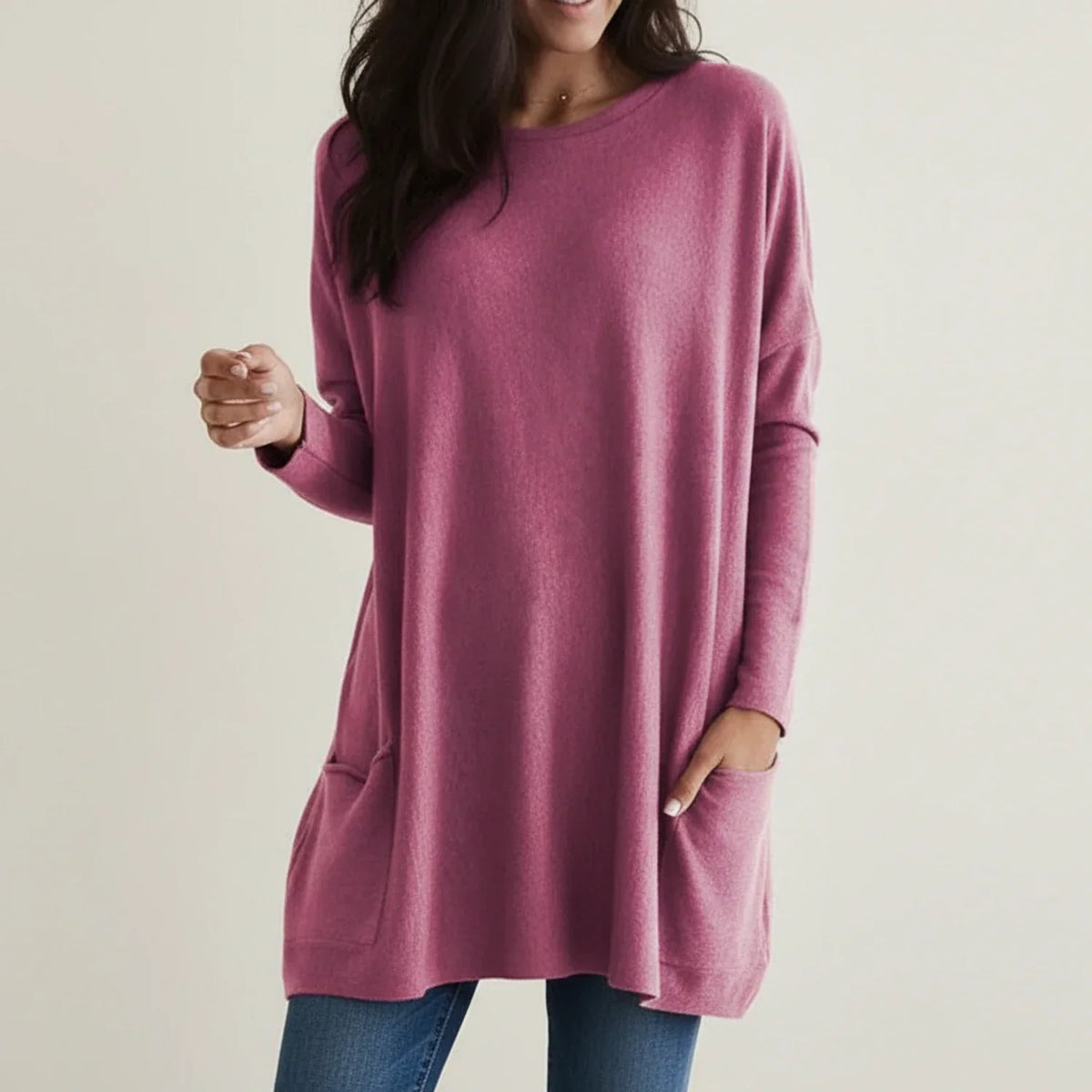 Gwen | Women's Oversized Sweater Dress with Pockets – Long Sleeve Crew Neck Knit Dress – Pink