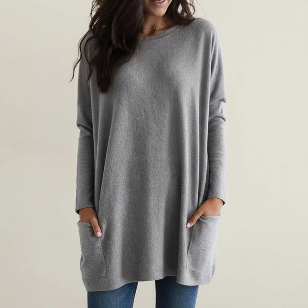 Gwen | Women's Oversized Sweater Dress with Pockets – Long Sleeve Crew Neck Knit Dress – Gray