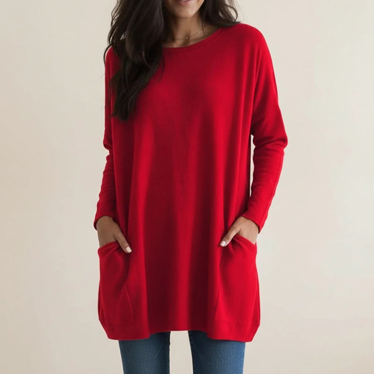Gwen | Women's Oversized Sweater Dress with Pockets – Long Sleeve Crew Neck Knit Dress – Red