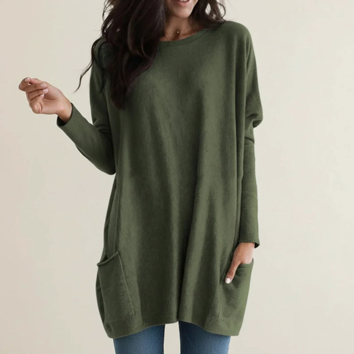 Gwen | Women's Oversized Sweater Dress with Pockets – Long Sleeve Crew Neck Knit Dress – Green