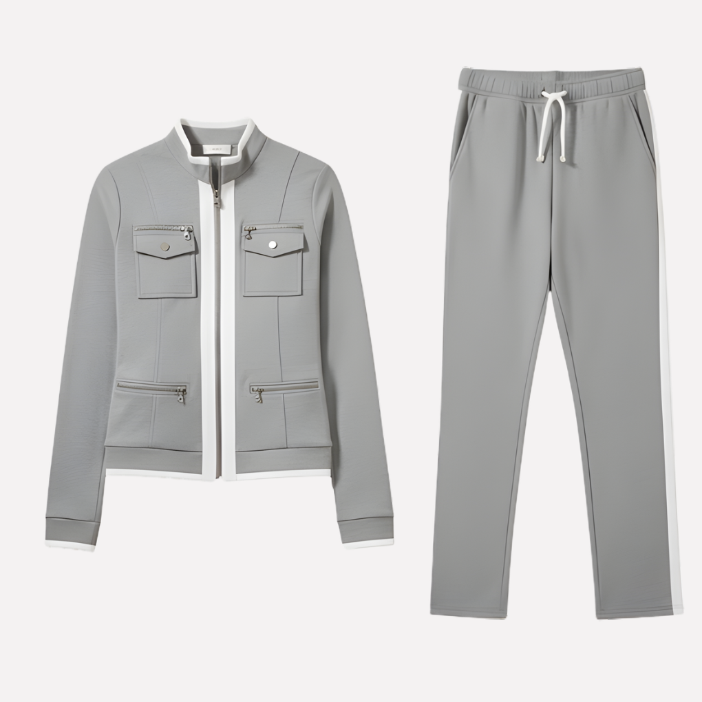 Gwendolyn – Women's Zip Jacket and Jogger Set – Utility Pockets with Contrast Piping