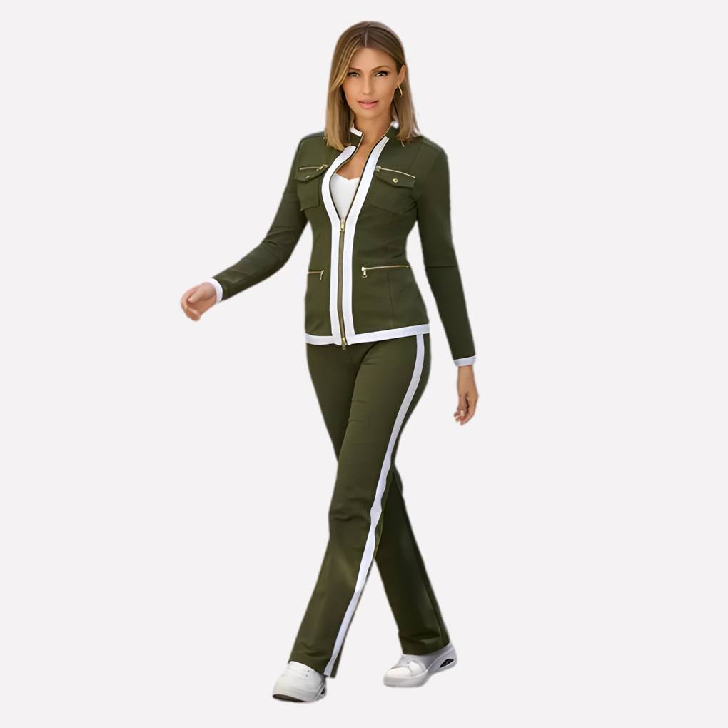 Gwendolyn – Women's Zip Jacket and Jogger Set – Utility Pockets with Contrast Piping