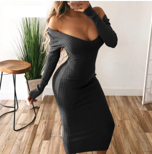 Hana | Women's Stretch Knit Bodycon Dress – Long Sleeve Fitted Sweater Dress for Fall – Black