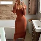Hana | Women's Stretch Knit Bodycon Dress – Long Sleeve Fitted Sweater Dress for Fall – Brown