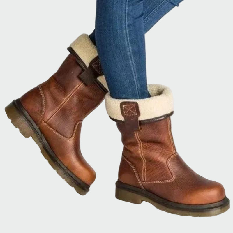 Harper | Women's Pull-On Winter Boots – Plush Fold-Over Cuff, Insulated Lining, Lug Sole – Brown