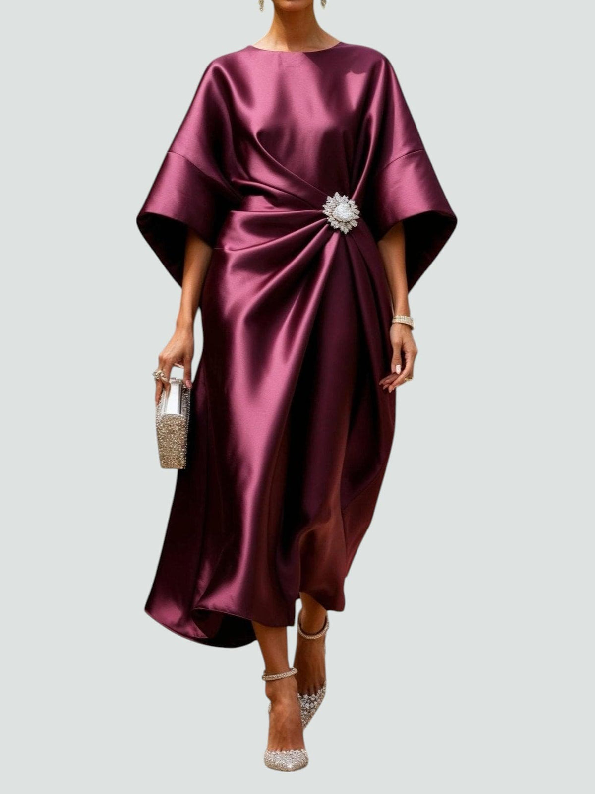 Harriet – Women's Draped Satin-Finish Maxi Gown – Cape Sleeves with Brooch Waist