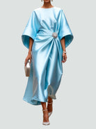 Harriet – Women's Draped Satin-Finish Maxi Gown – Cape Sleeves with Brooch Waist