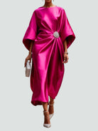 Harriet – Women's Draped Satin-Finish Maxi Gown – Cape Sleeves with Brooch Waist
