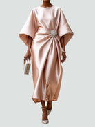 Harriet – Women's Draped Satin-Finish Maxi Gown – Cape Sleeves with Brooch Waist