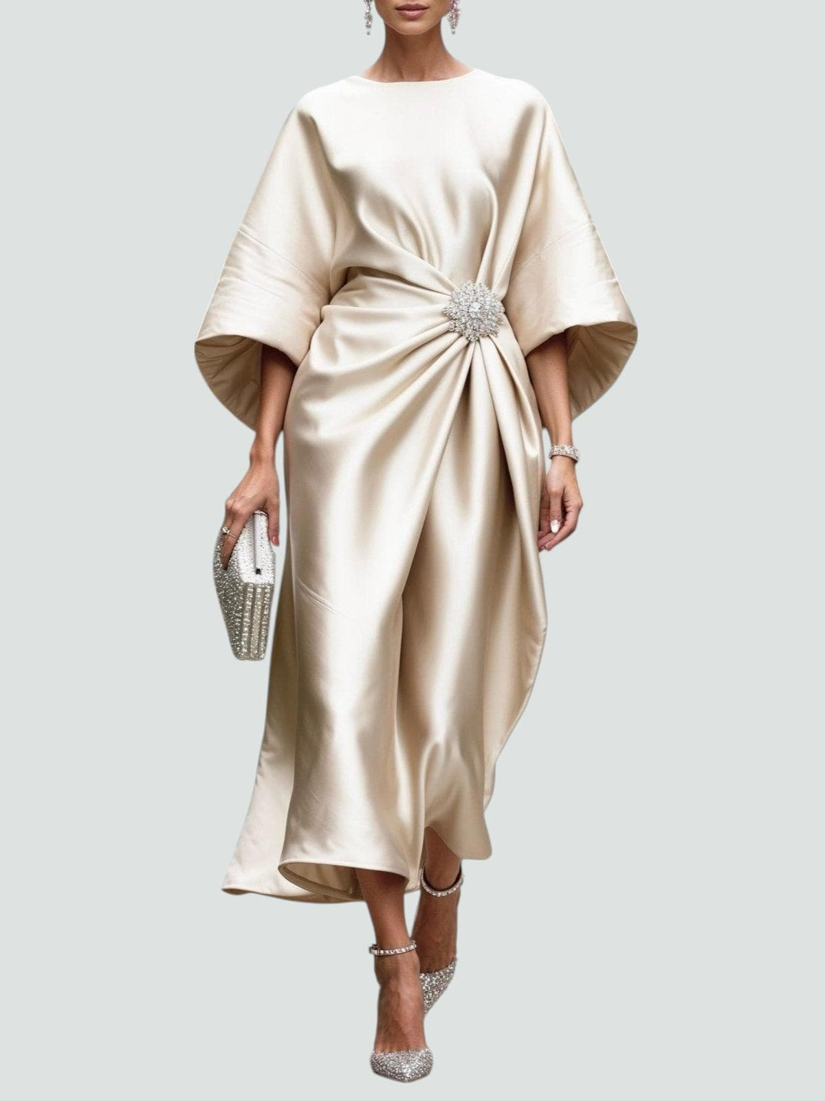 Harriet – Women's Draped Satin-Finish Maxi Gown – Cape Sleeves with Brooch Waist