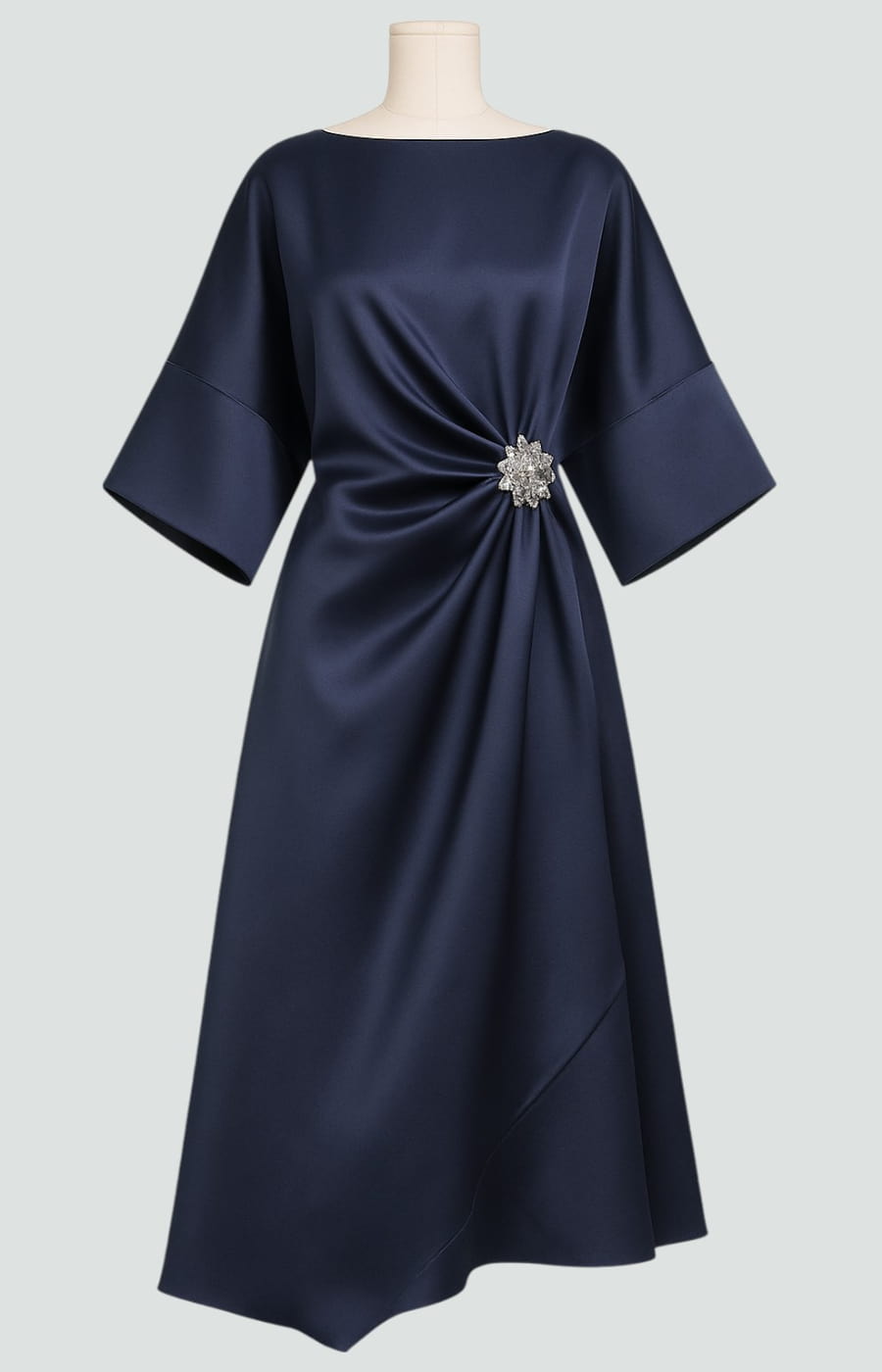 Harriet – Women's Draped Satin-Finish Maxi Gown – Cape Sleeves with Brooch Waist