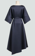 Harriet – Women's Draped Satin-Finish Maxi Gown – Cape Sleeves with Brooch Waist