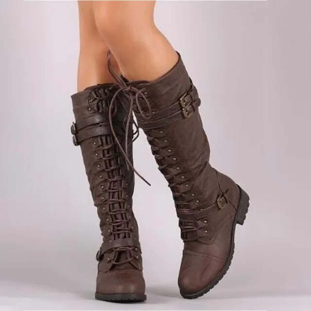 Hattie | Women's Flat Lace-Up Boots – Retro Buckle Detail, Non-Slip Sole – Brown