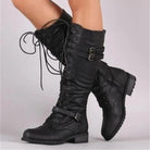 Hattie | Women's Flat Lace-Up Boots – Retro Buckle Detail, Non-Slip Sole – Black