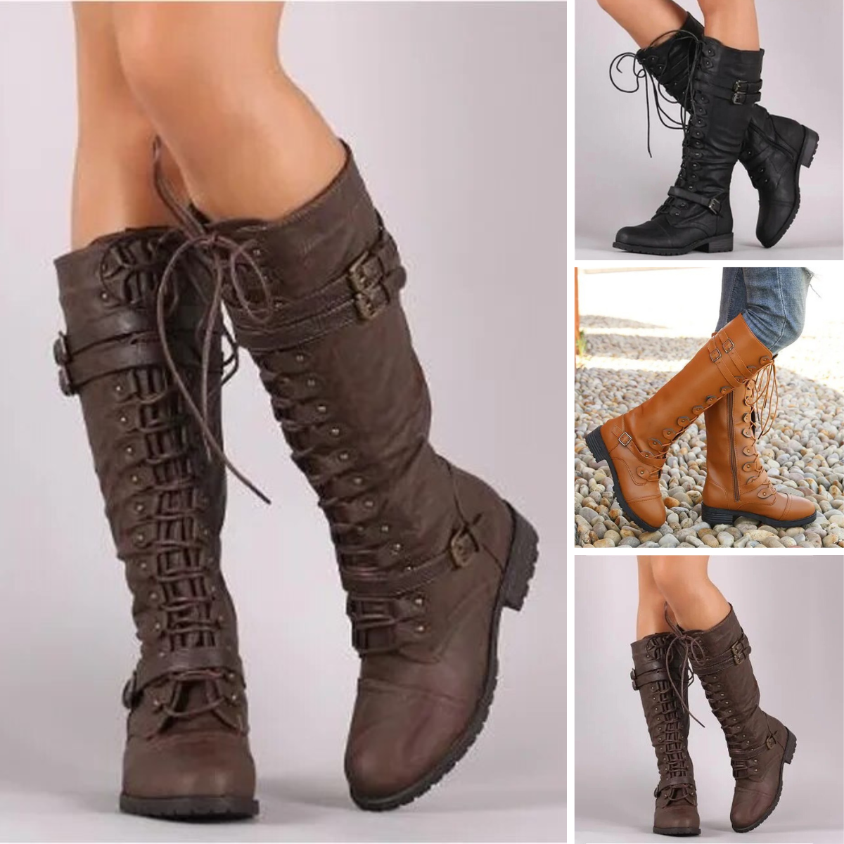 Hattie | Women's Flat Lace-Up Boots – Retro Buckle Detail, Non-Slip Sole