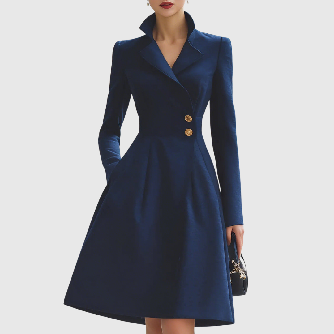 Hope | Women's Long Sleeve V-Neck Midi Dress – Fit and Flare with Gold Buttons – Navy