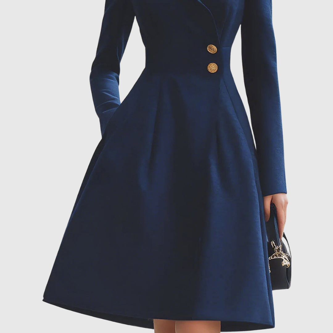 Hope | Women's Long Sleeve V-Neck Midi Dress – Fit and Flare with Gold Buttons
