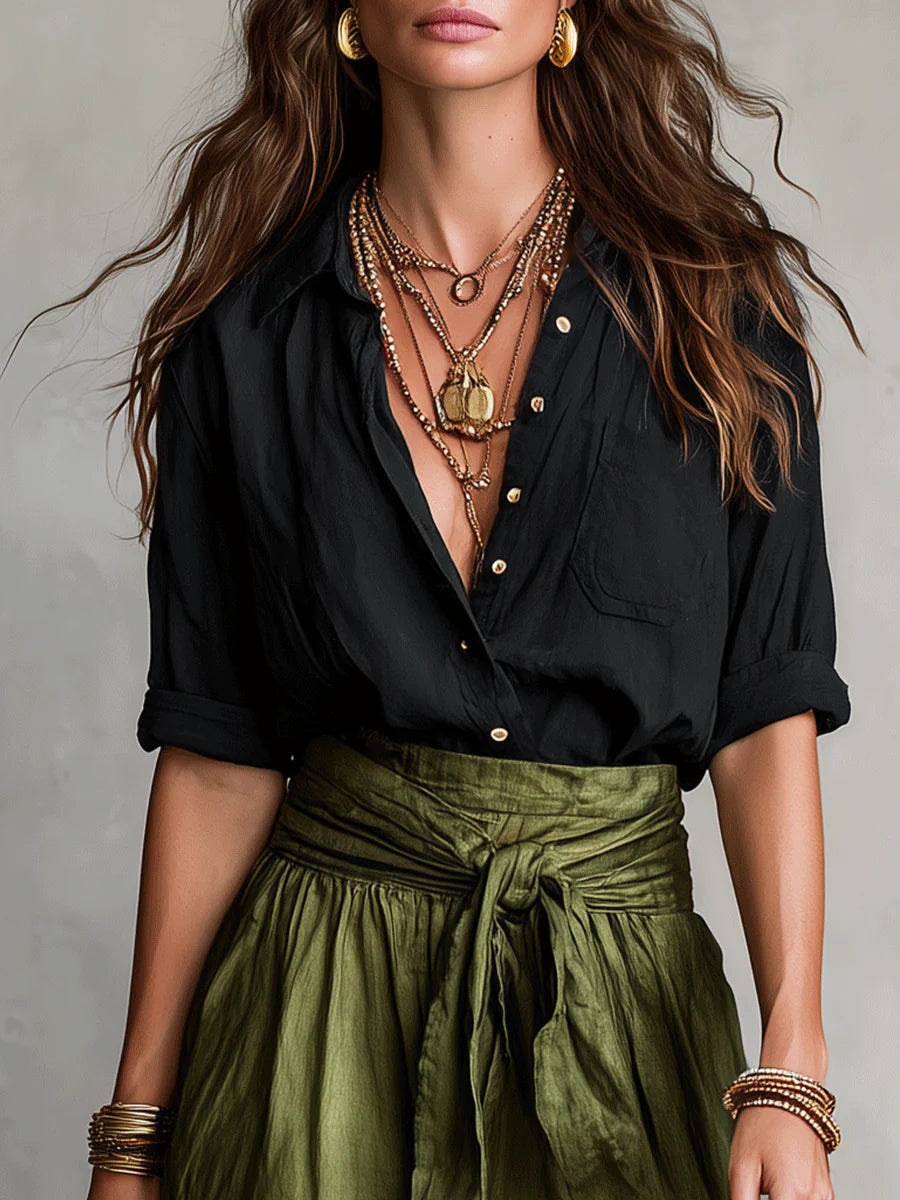 Ida | Women's Two-Piece Blouse and Midi Skirt Set – Long Sleeve Button Top Outfit