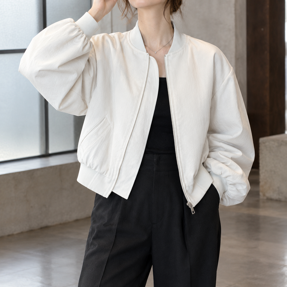 Benevolux | Women's Cropped Bomber Jacket Zip-Up Ribbed Collar