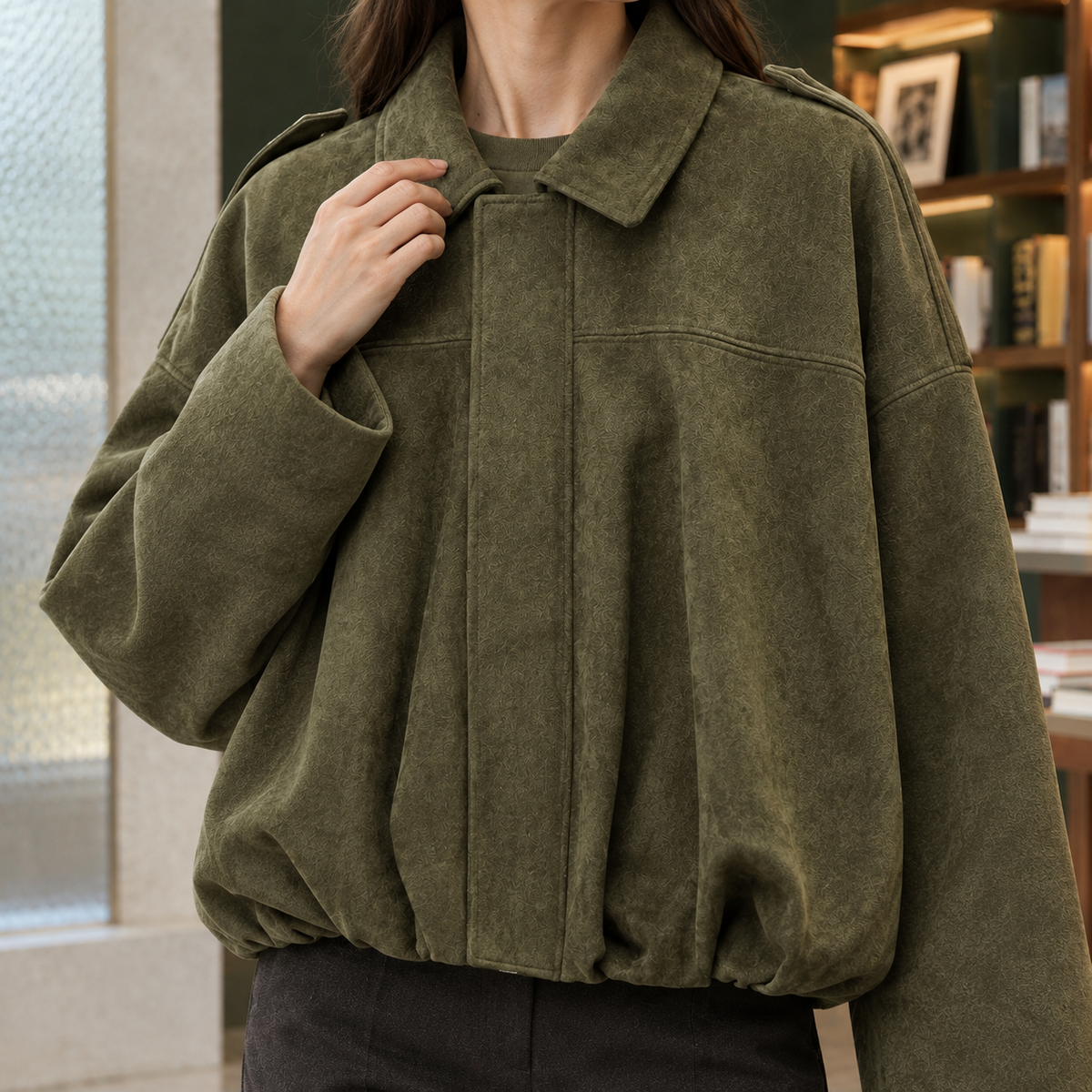 Jocasta-Skye | Women's Faux Suede Bomber Jacket – Cropped Oversized Fit