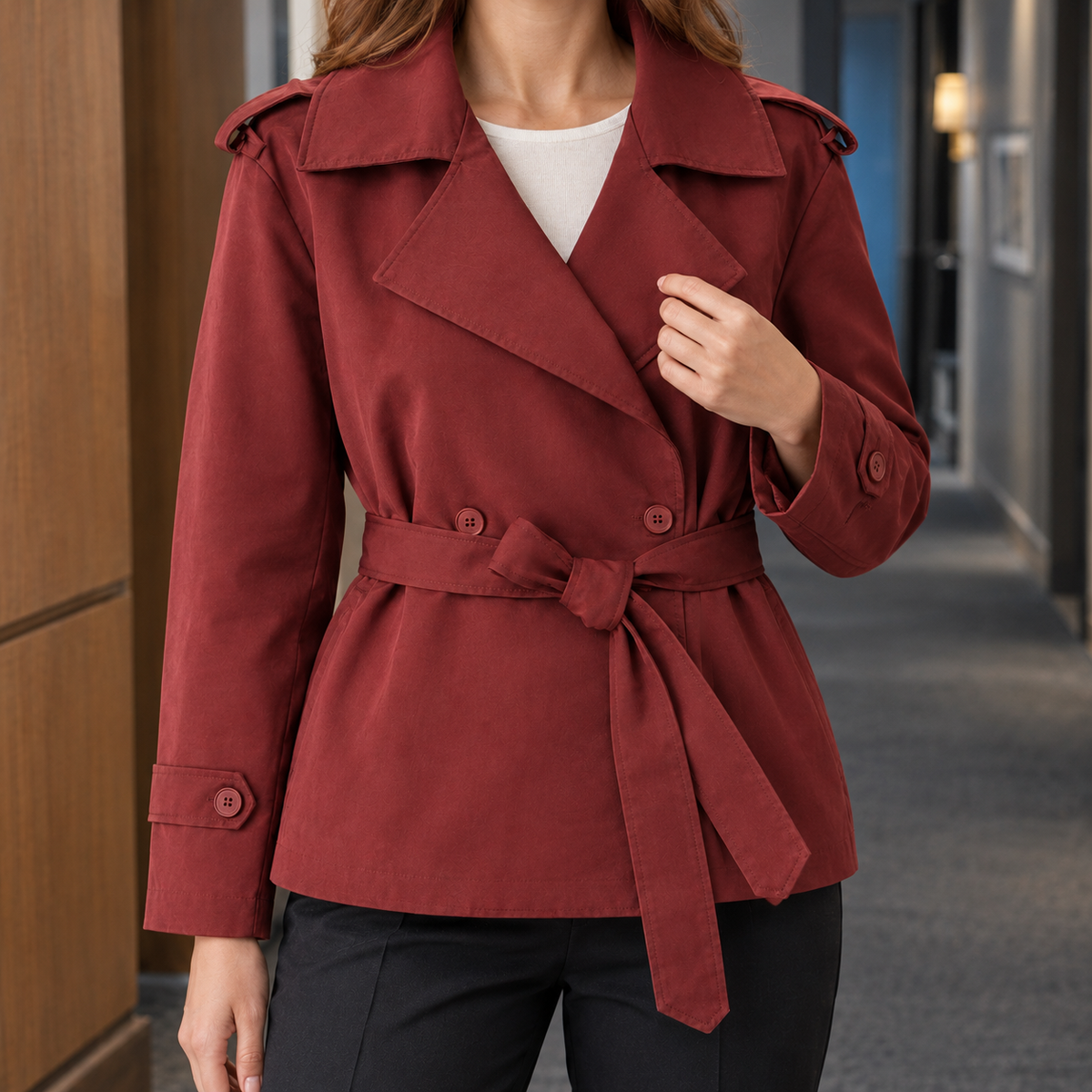 Benevolux | Women's Belted Trench Jacket Cropped Double-Breasted