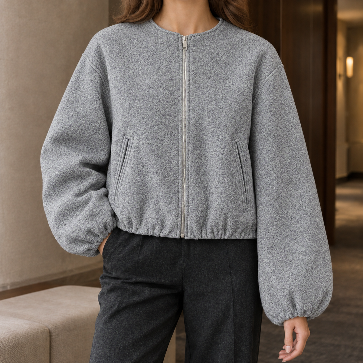 Benevolux | Women's Balloon Sleeve Jacket Cropped Zip-Up