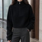 Genevieve-Jane | Women's Cropped Half-Zip Sweater – Plush Ribbed Knit