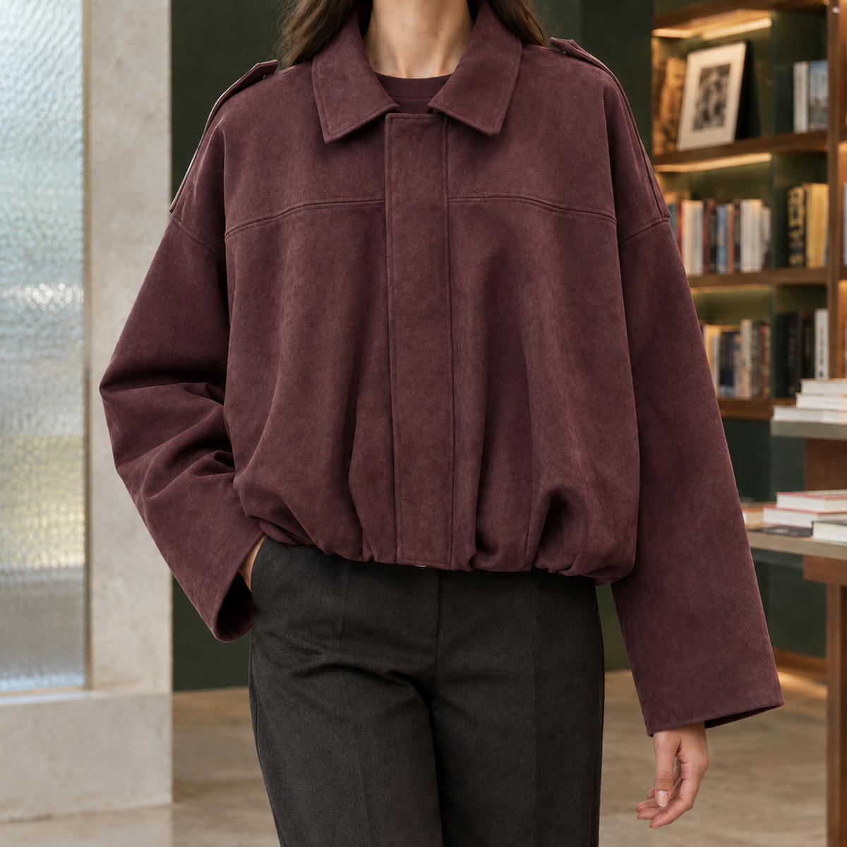 Jocasta-Skye | Women's Faux Suede Bomber Jacket – Cropped Oversized Fit
