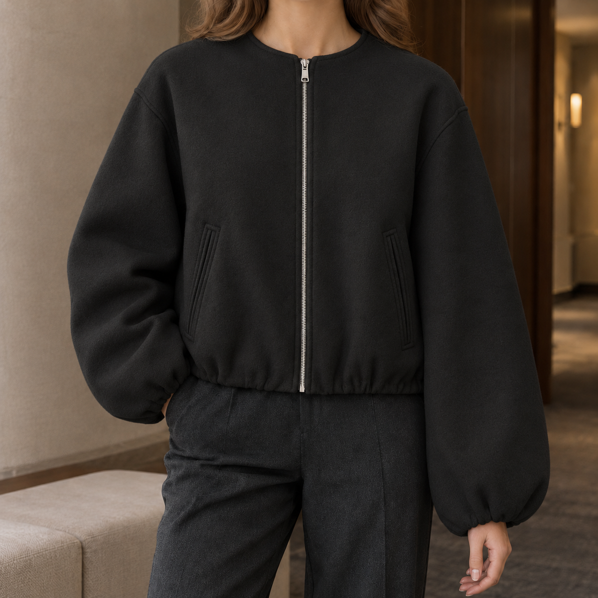 Benevolux | Women's Balloon Sleeve Jacket Cropped Zip-Up