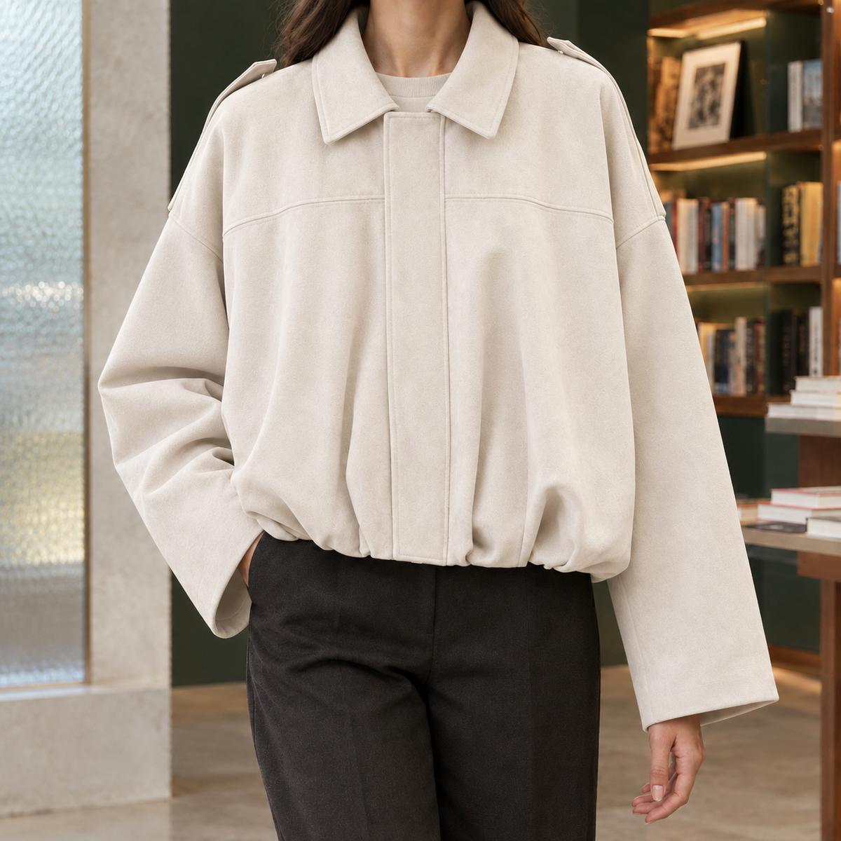 Jocasta-Skye | Women's Faux Suede Bomber Jacket – Cropped Oversized Fit