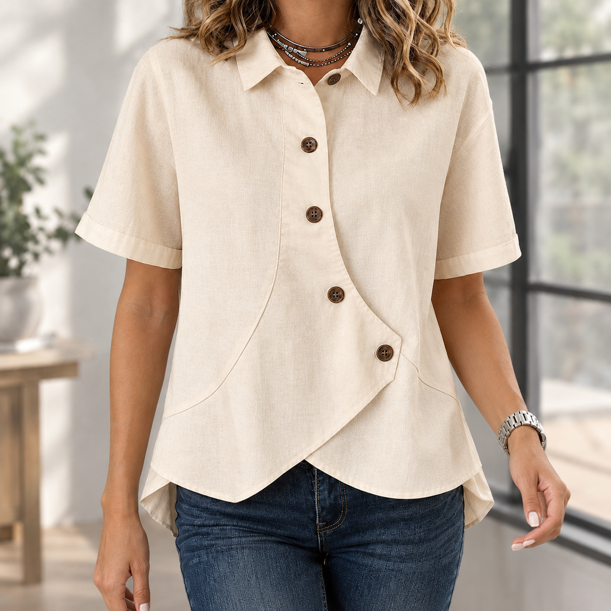 Benevolux | Women's Asymmetric Button-Down Shirt Short Sleeve