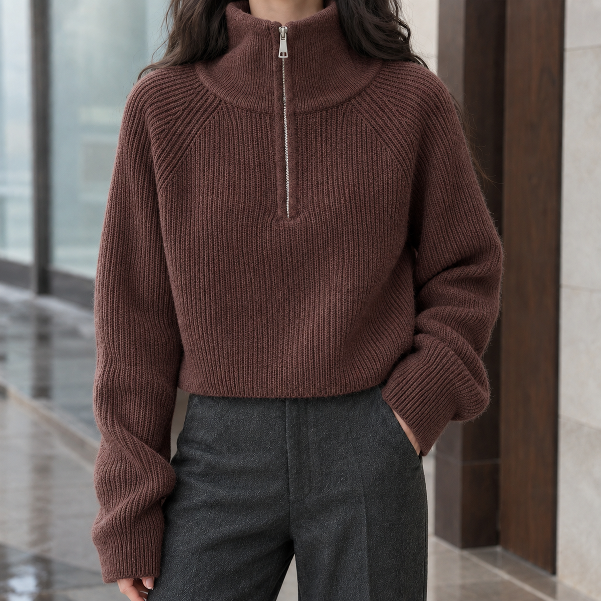 Genevieve-Jane | Women's Cropped Half-Zip Sweater – Plush Ribbed Knit