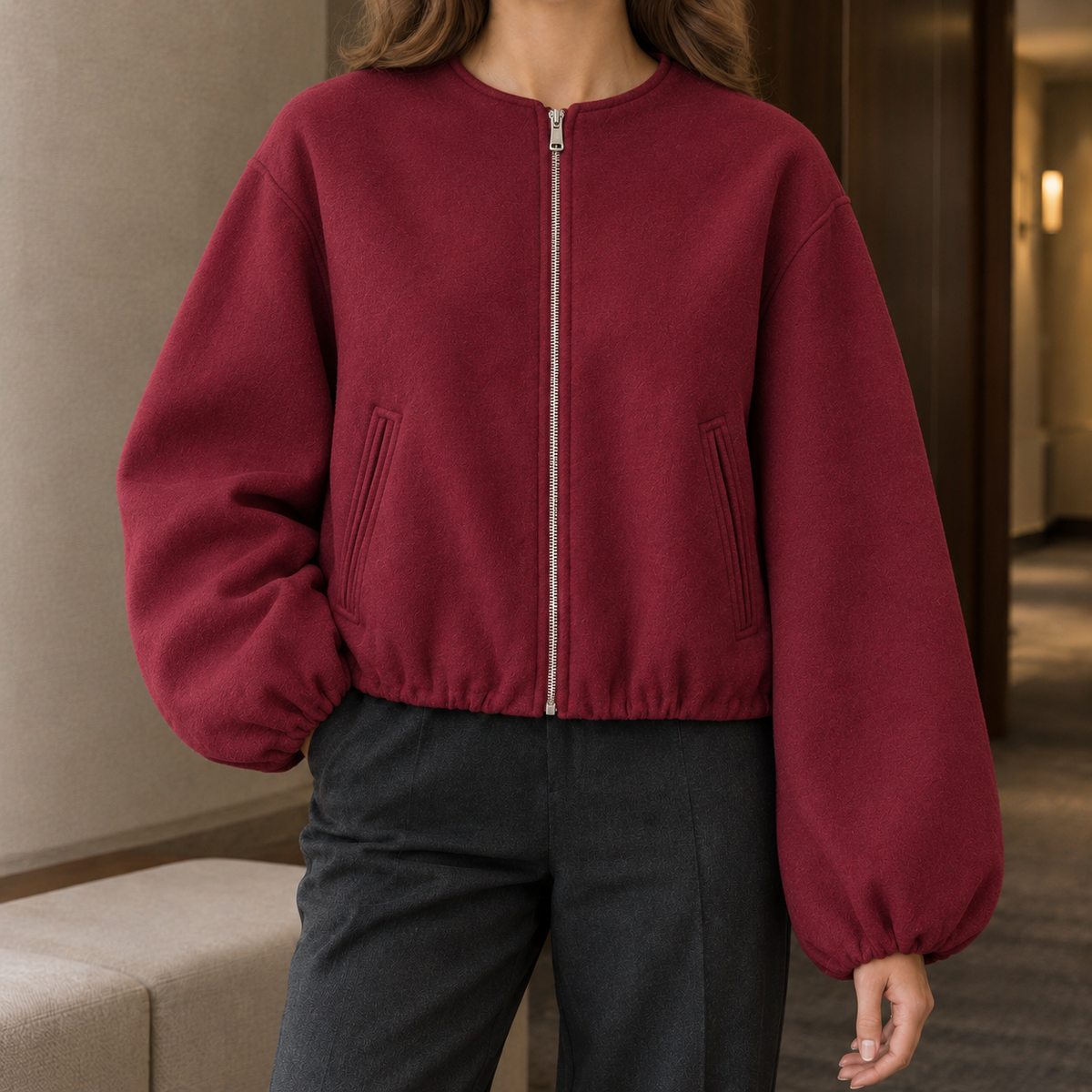Benevolux | Women's Balloon Sleeve Jacket Cropped Zip-Up
