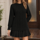 Benevolux | Women's Cable Knit Sweater Pleated Hem Crew Neck