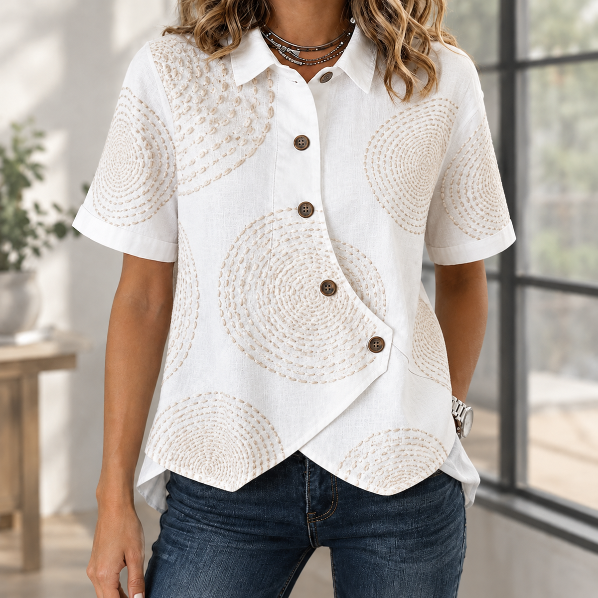 Benevolux | Women's Asymmetric Button-Down Shirt Short Sleeve