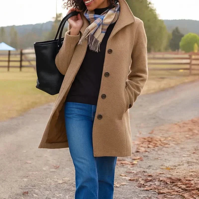 Ines | Women's Straight Cut Button Coat – Classic Long Sleeve Fall Winter Coat