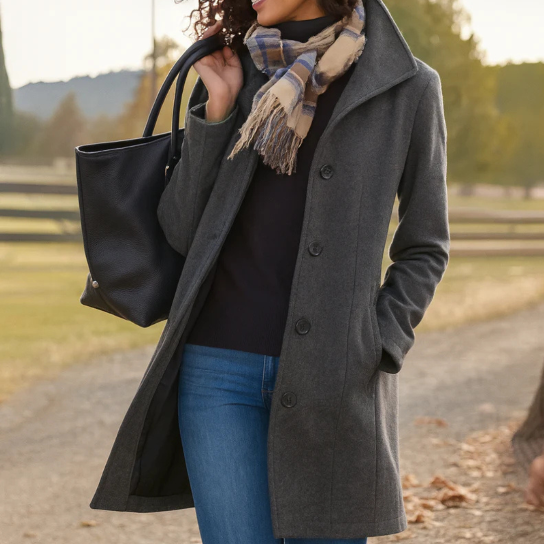 Ines | Women's Straight Cut Button Coat – Classic Long Sleeve Fall Winter Coat – Gray