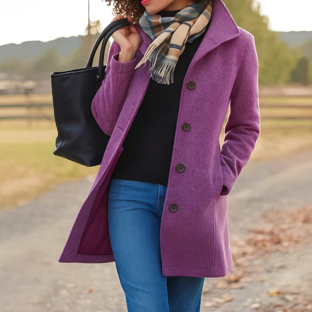 Ines | Women's Straight Cut Button Coat – Classic Long Sleeve Fall Winter Coat – Purple