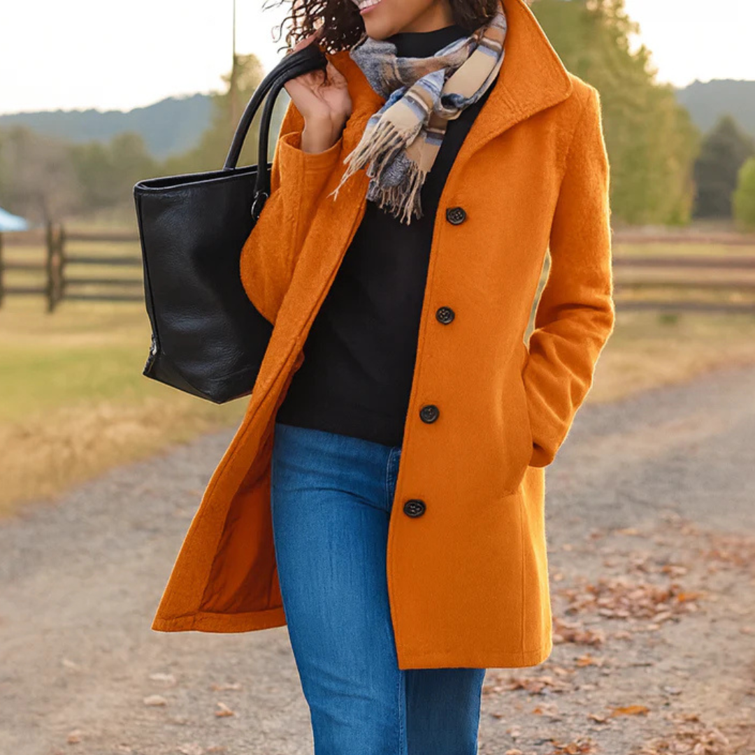 Ines | Women's Straight Cut Button Coat – Classic Long Sleeve Fall Winter Coat – Orange