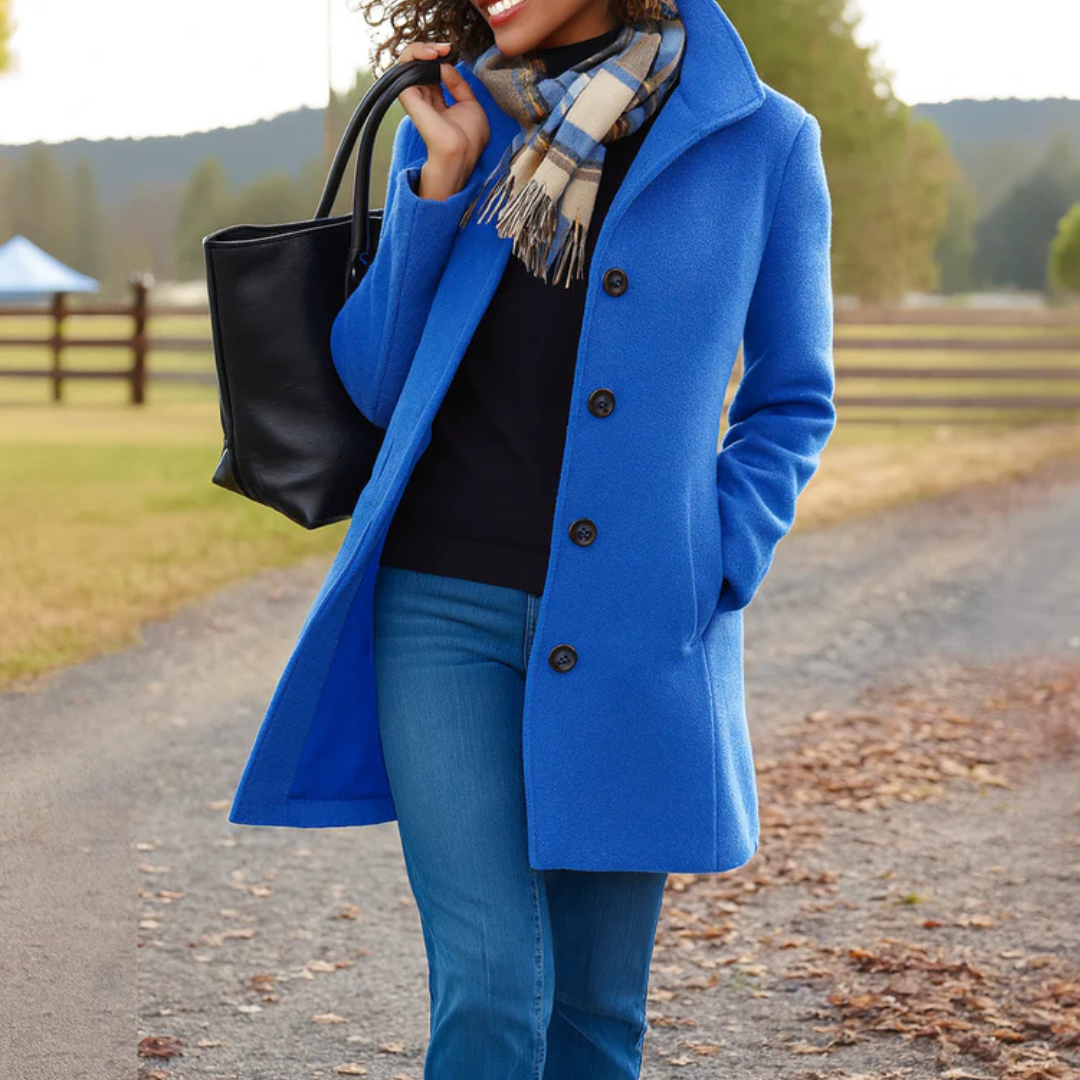 Ines | Women's Straight Cut Button Coat – Classic Long Sleeve Fall Winter Coat – Blue