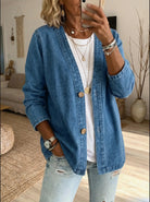 Irene | Women's Denim Cardigan Jacket – Relaxed Fit, V-Neck, Button Front – Denim Blue