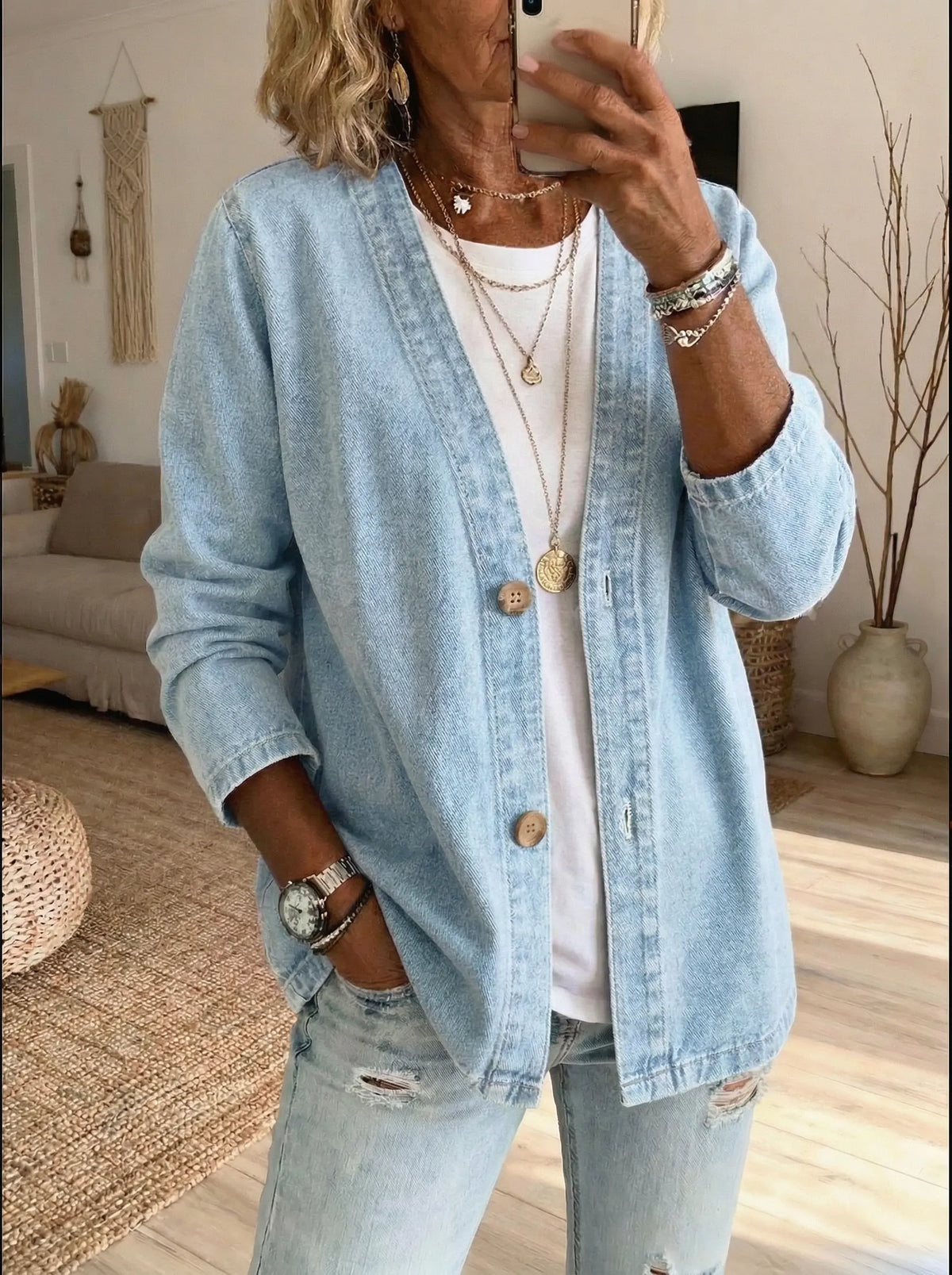Irene | Women's Denim Cardigan Jacket – Relaxed Fit, V-Neck, Button Front – Light Blue