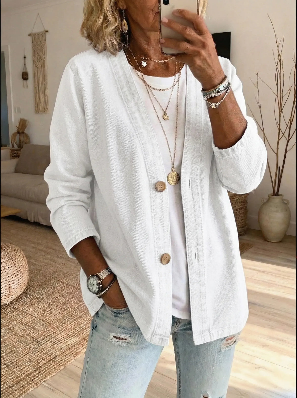 Irene | Women's Denim Cardigan Jacket – Relaxed Fit, V-Neck, Button Front – White
