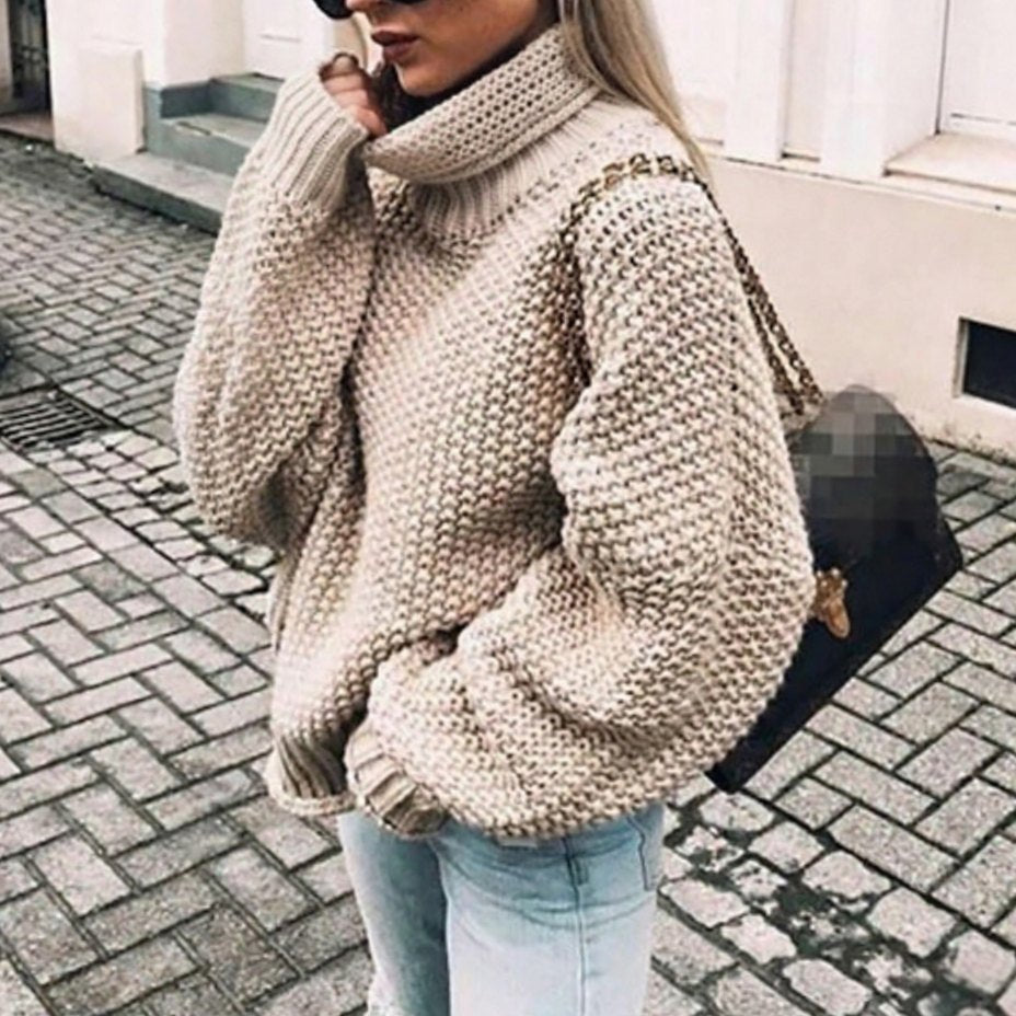 Isla | Women's Oversized Chunky Knit Turtleneck Sweater with Balloon Sleeves – Khaki