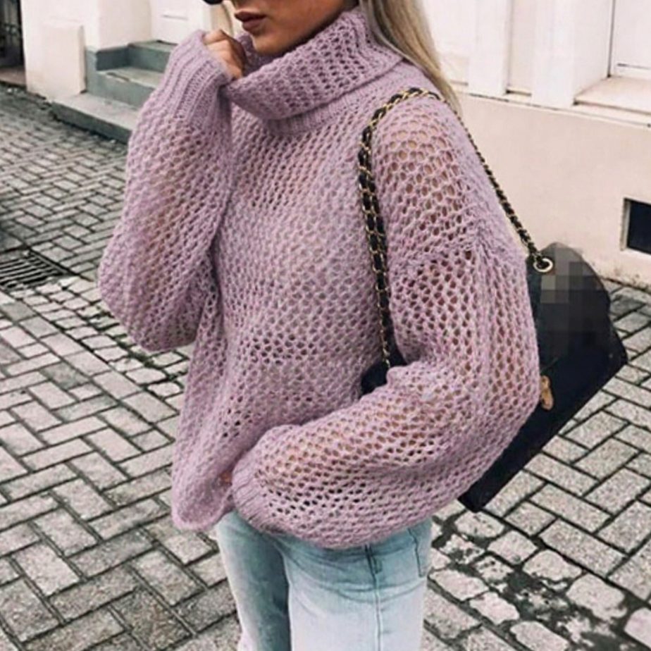 Isla | Women's Oversized Chunky Knit Turtleneck Sweater with Balloon Sleeves – Purple