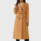 Jacqueline | Women's Double-Breasted Long Coat – Notched Lapels, Tailored Waist, Below-Knee – Camel