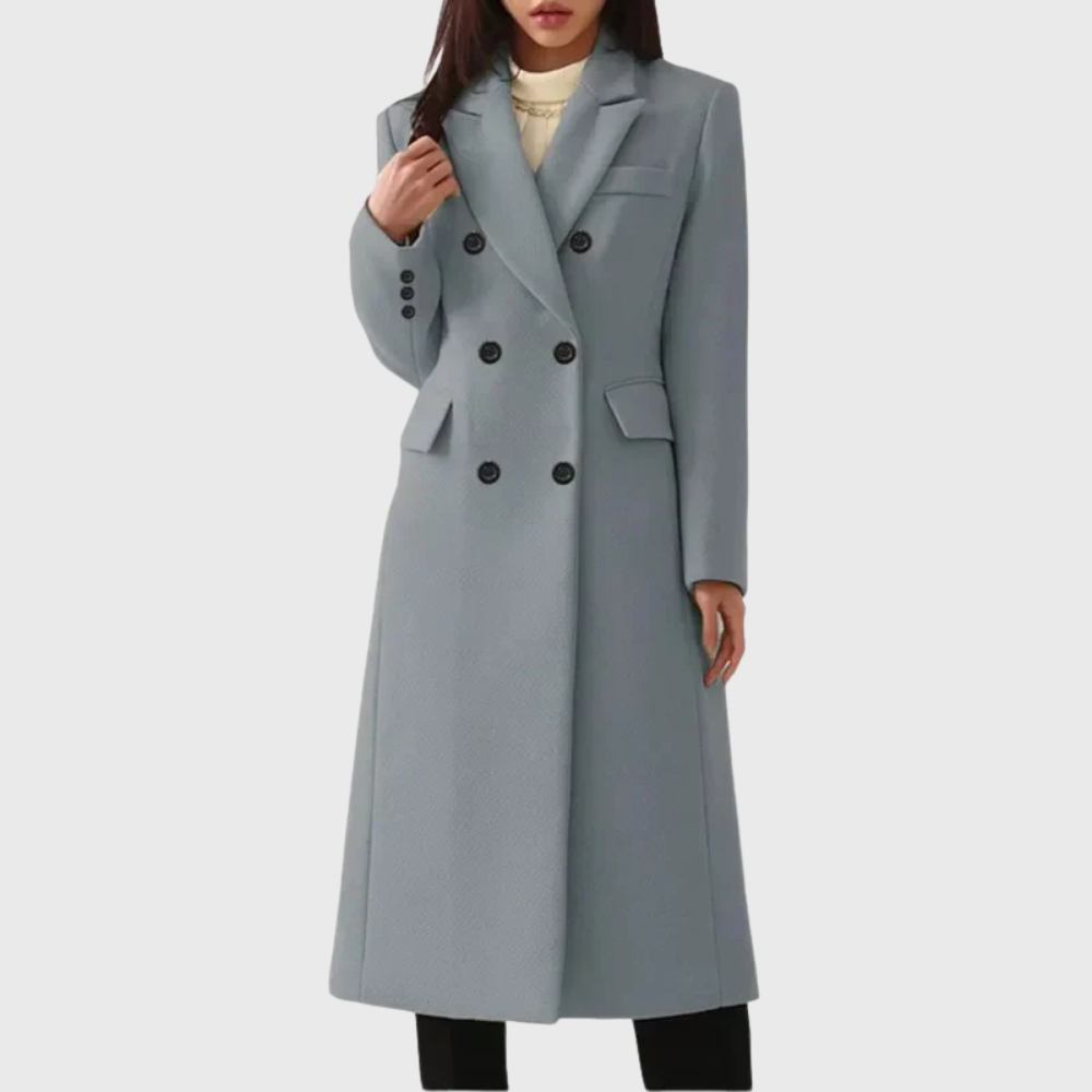 Jacqueline | Women's Double-Breasted Long Coat – Notched Lapels, Tailored Waist, Below-Knee – Gray