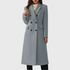 Jacqueline | Women's Double-Breasted Long Coat – Notched Lapels, Tailored Waist, Below-Knee – Gray