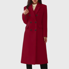 Jacqueline | Women's Double-Breasted Long Coat – Notched Lapels, Tailored Waist, Below-Knee – Wine Red